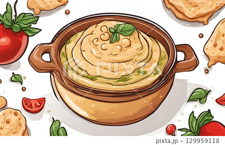 Illustration of homemade hummus is made with chickpeas, garlic, tahini and olive oil, creating a delicious and healthy dip. AI Generated 129959118