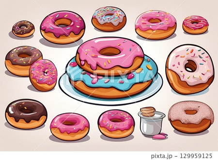 Doughnuts are dipped in various icings and topped with colorful rainbow sprinkles, creating a delightful and sweet snack. AI Generated 129959125
