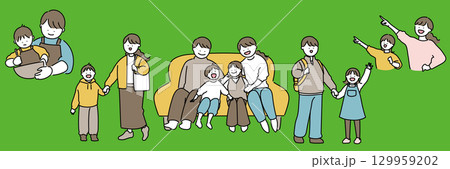 ソファに座る四人家族のセット 129959202