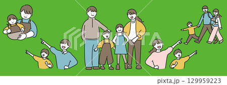 立ち並ぶ四人家族のセット 129959223