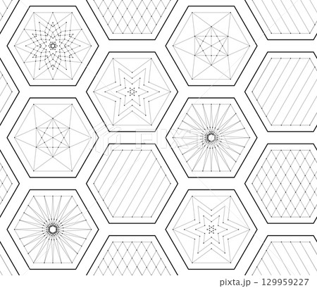 Seamless geometric pattern with interconnected hexagons creating intricate designs, blending angular shapes and lines in harmonious visual composition 129959227