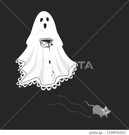 A cute scared lace-sheet ghost scared of a running mouse and spilling a coffee on its sheet . Sheet ghost holding a mug with hot chocolate. Halloween design element, isolated vector illustration A cute scared lace-sheet ghost scared of a running mouse and spilling a coffee on its sheet . Sheet ghost holding a mug with hot chocolate. Halloween design element, isolated vector illustration 129959263