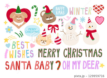 Cute Christmas vector illustrations of snowman, Santa animal, puppy, teddy bear, cat, ornaments, candy cane, letters such as MERRY CHRISTMAS, OH ME DEER, HAPPY XMAS, WINTER, SANTA BABY, BEST WISHES	 129959716