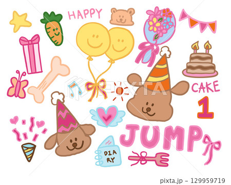 Hand drawn cute vectors of puppy wearing party hat, happy carrot, balloons, flower bouquet, birthday cake with candles, dog bone, teddy bear, gift box, butterfly, music melody, heart with angel wings	 129959719