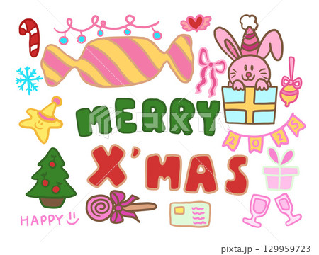 Hand drawn festive vectors of Christmas tree, pink bunny in gift box, sweet candy, MERRY X'MAS letters, candy cane, happy star, ornament, champagne glasses, envelope, gift box, pink ribbon for winter	 129959723