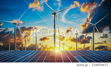 Wind turbines and solar panels eco green renewable energy in sunset. 129959871
