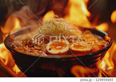燃え盛る炎と激辛ラーメンイラスト 129959893