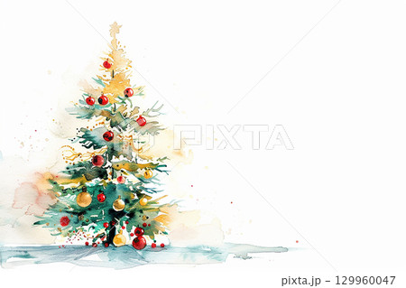 金色オーナメントの緑のクリスマスツリーイラスト 129960047