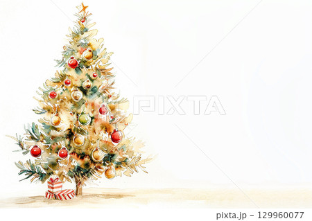 金色オーナメントの緑のクリスマスツリーイラスト 129960077