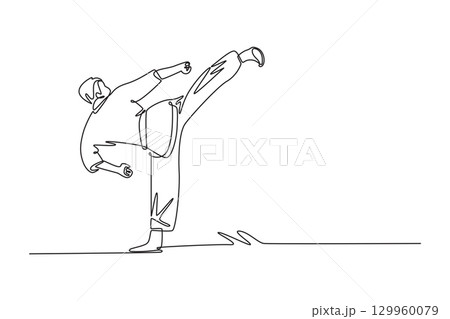 Single continuous line drawing back view of fit male karate athlete performing high kick. Symbolizing martial arts, power, skill, and balance. Dynamic one line draw graphic design vector illustration 129960079