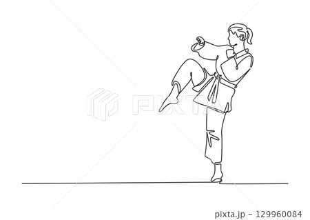 Continuous one line drawing female karate athlete performing front kick in sport arena. Symbolizing martial arts, power, skill, and elegant balance. Single line draw design vector graphic illustration 129960084