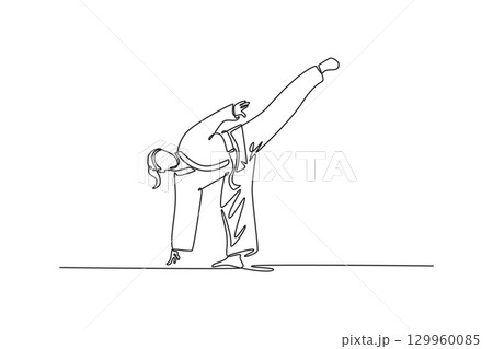 Continuous one line drawing professional female karate athlete performing a high kick in arena. Symbolizing martial arts, power, skill, and balance. Single line draw design vector graphic illustration Continuous one line drawing professional female karate athlete performing a high kick in arena. Symbolizing martial arts, power, skill, and balance. Single line draw design vector graphic illustration 129960085