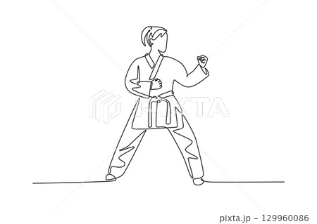 Continuous one line drawing attractive woman in a powerful karate or fighting stance. Focusing on the strength posture and readiness of the athlete. Single line draw design vector graphic illustration Continuous one line drawing attractive woman in a powerful karate or fighting stance. Focusing on the strength posture and readiness of the athlete. Single line draw design vector graphic illustration 129960086