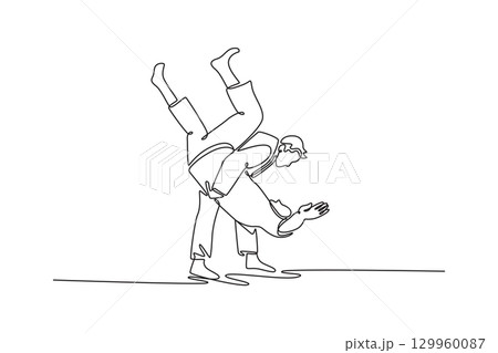 Continuous one line drawing man athlete performing martial arts throw on his opponent. Symbolizing strength, skill, and power of takedown technique. Single line draw design vector graphic illustration 129960087