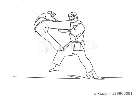 Single continuous line drawing two male athletes are engaged in karate duel. symbolizing the strategic clash between powerful kick and punch. Dynamic one line draw graphic design vector illustration 129960091