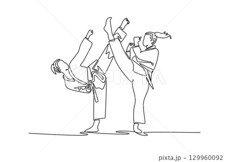 Single one line drawing two female karate athletes performing simultaneous high kicks. Symbolizing martial arts, power, skill, and discipline. Continuous line draw design graphic vector illustration Single one line drawing two female karate athletes performing simultaneous high kicks. Symbolizing martial arts, power, skill, and discipline. Continuous line draw design graphic vector illustration 129960092