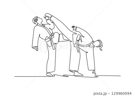 Single continuous line drawing female fighter delivering a decisive kick to her opponent. Symbolizing power, skill, and the outcome of a match. Dynamic one line draw graphic design vector illustration 129960094