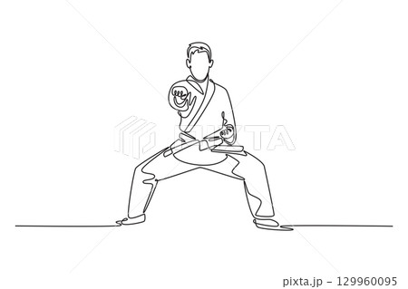 Single continuous line drawing male karate athlete in horse stance performing a punch. Symbolizing power, discipline, and self-defense aspect of martial arts. One line draw design vector illustration 129960095