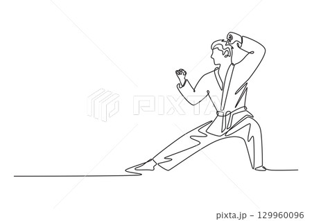 Single one line drawing male karate athlete in strong defensive low stance. Symbolizing power, discipline, self-defense aspect of martial arts. Continuous line draw design graphic vector illustration Single one line drawing male karate athlete in strong defensive low stance. Symbolizing power, discipline, self-defense aspect of martial arts. Continuous line draw design graphic vector illustration 129960096