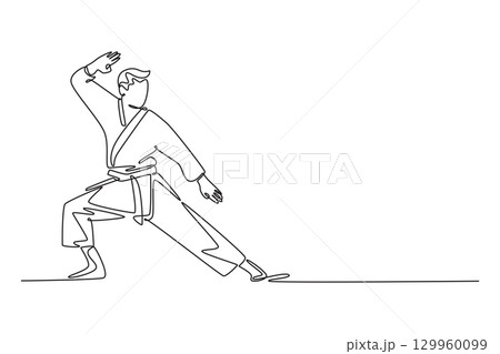Single one line drawing male karate athlete in strong defensive stance. Symbolizing power, discipline, and self-defense aspect of martial arts. Continuous line draw design graphic vector illustration Single one line drawing male karate athlete in strong defensive stance. Symbolizing power, discipline, and self-defense aspect of martial arts. Continuous line draw design graphic vector illustration 129960099
