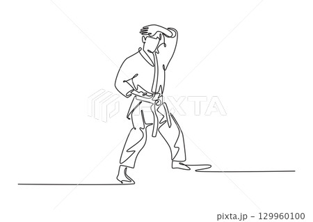 Single one line drawing man karate athlete performing a defensive high block. Symbolizing self-defense, discipline, and athletic art of karate. Continuous line draw design graphic vector illustration Single one line drawing man karate athlete performing a defensive high block. Symbolizing self-defense, discipline, and athletic art of karate. Continuous line draw design graphic vector illustration 129960100