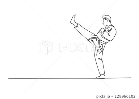 Single one line drawing side view of male karate athlete performing front high kick. Symbolizing martial arts, power, skill, and balance. Modern continuous line draw design graphic vector illustration Single one line drawing side view of male karate athlete performing front high kick. Symbolizing martial arts, power, skill, and balance. Modern continuous line draw design graphic vector illustration 129960102