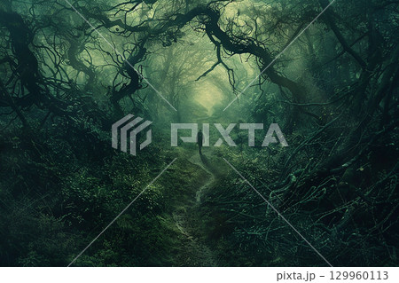 緑の森の茨の道を歩く人CGイラスト 緑の森の茨の道を歩く人CGイラスト 129960113