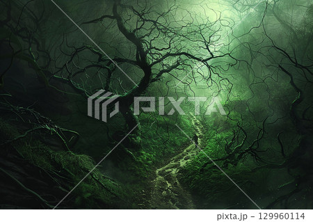 緑の森の茨の道を歩く人CGイラスト 緑の森の茨の道を歩く人CGイラスト 129960114