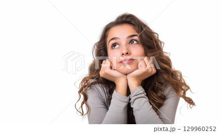 Girl daydreams, chin in hands. 129960252
