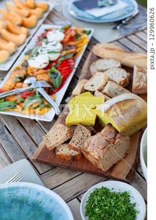 Summer brunch on a wooden table 129960626