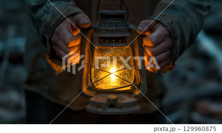 Hands holding an old lantern. Hands holding an old lantern. 129960875
