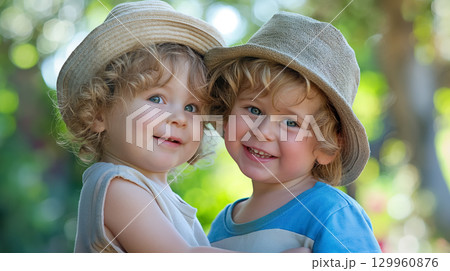 Smiling twins in straw hats. Smiling twins in straw hats. 129960876