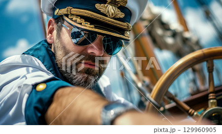 Captain steering a ship at sea. 129960905