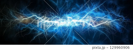 Electric blue lightning on dark background. 129960906