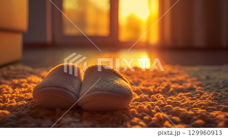Slippers on a carpet at sunset. 129960913
