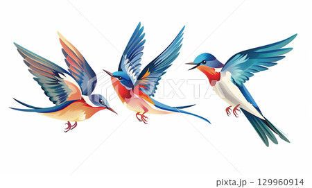 Vibrant  Illustration of three flying birds. 129960914