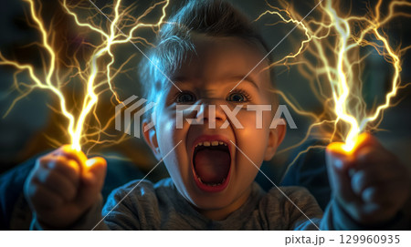 Excited child with imaginary powers. 129960935