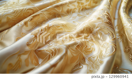 Luxurious golden silk fabric folds. Luxurious golden silk fabric folds. 129960941