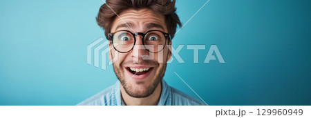 Excited man with big round glasses. 129960949