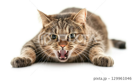 Angry cat hissing with wide eyes. Angry cat hissing with wide eyes. 129961046