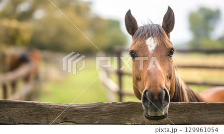 Curious horse peeking over a wooden fence. Curious horse peeking over a wooden fence. 129961054