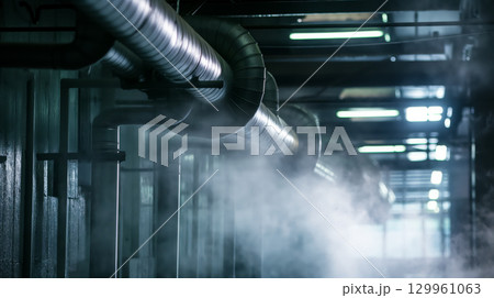 Steamy pipes in an industrial setting. 129961063