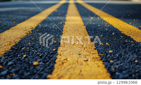 Close-up of road lines with scattered pebbles. 129961066