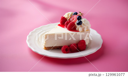 Cheesecake with berries on a pink background. Cheesecake with berries on a pink background. 129961077