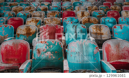 Aged stadium seats showing signs of wear. 129961081