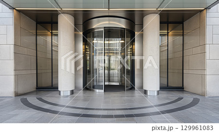 Modern building entrance with revolving doors. 129961083
