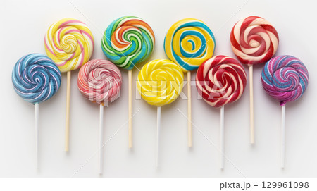 Colorful lollipops in a row on white 129961098