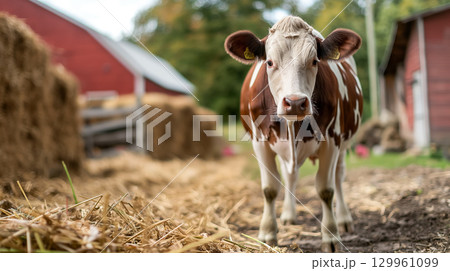 Cow in farm setting looking at camera 129961099
