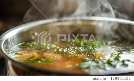 Steaming soup with fresh herbs Steaming soup with fresh herbs 129961103