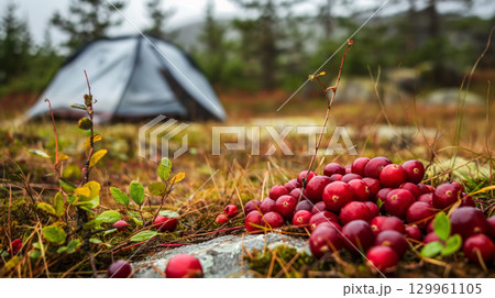 Tent and cranberries in misty forest 129961105